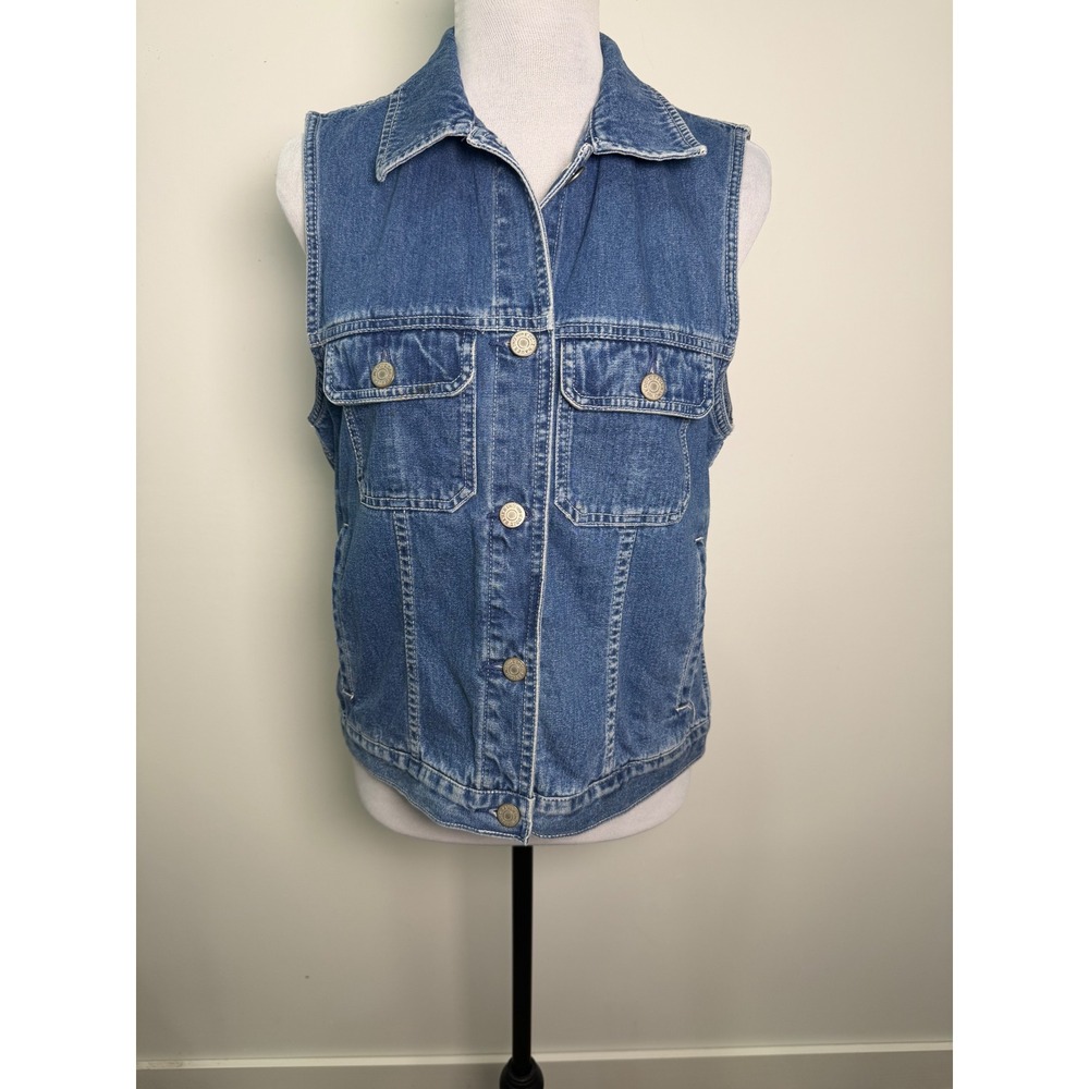 Vintage Eddie Bauer Womens Blue Denim Vest 100%Cotton Hong Kong Size Small